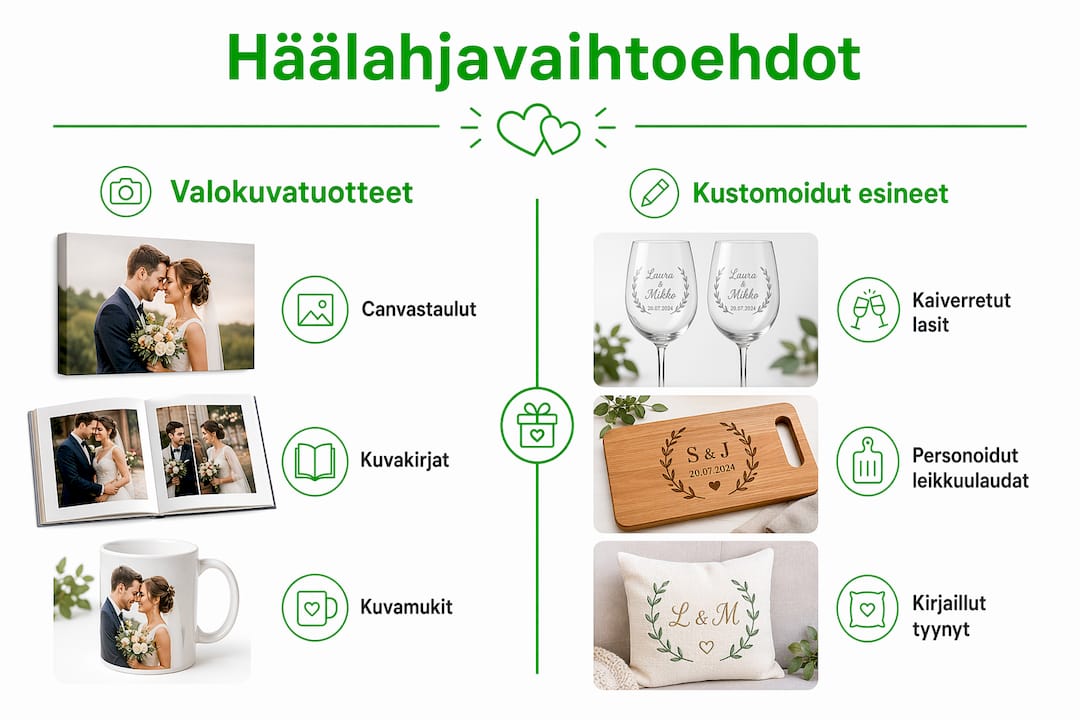 Infografiikka: Erilaisten persoonallisten häälahjaideoiden vertailu