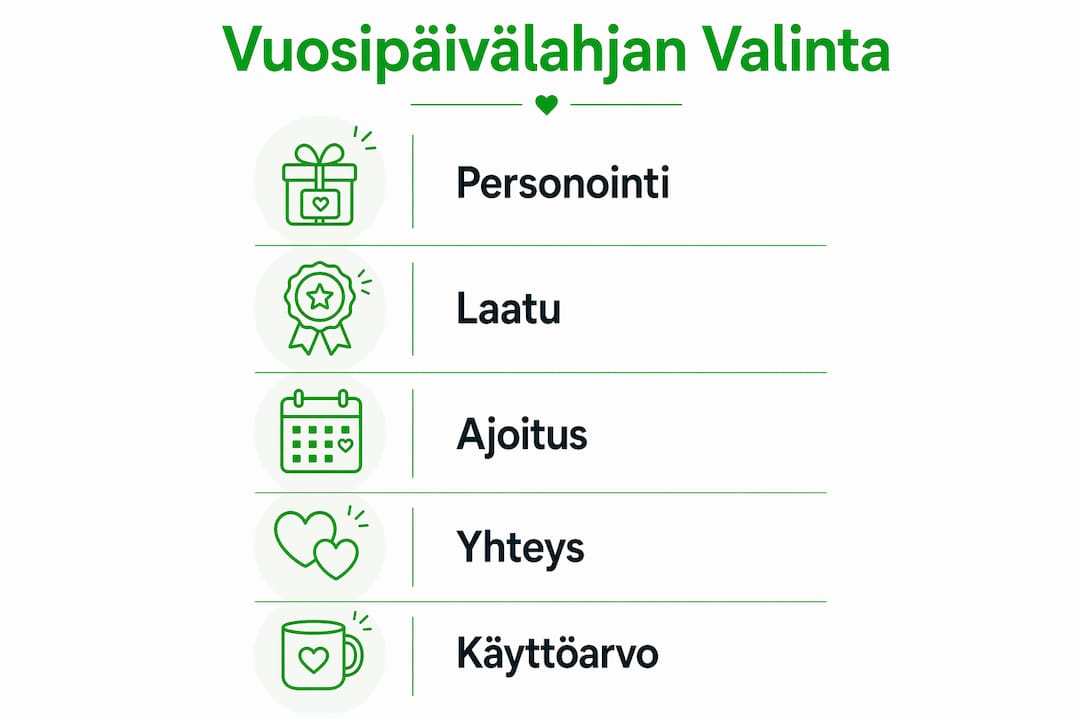 Infografiikka: vuosipäivälahjan valinnan tärkeimmät etapit