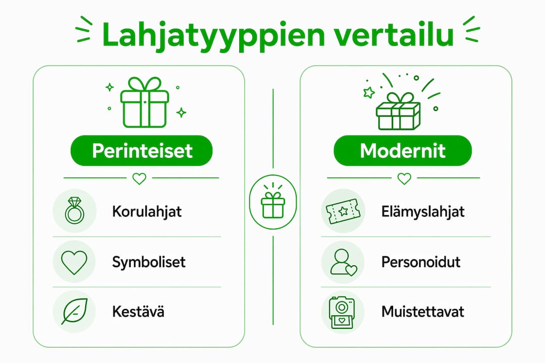 Kuvio, jossa perinteiset ja nykyaikaiset lahjat asetetaan vierekkäin – miten ne eroavat ja mitä yhteistä niistä löytyy?