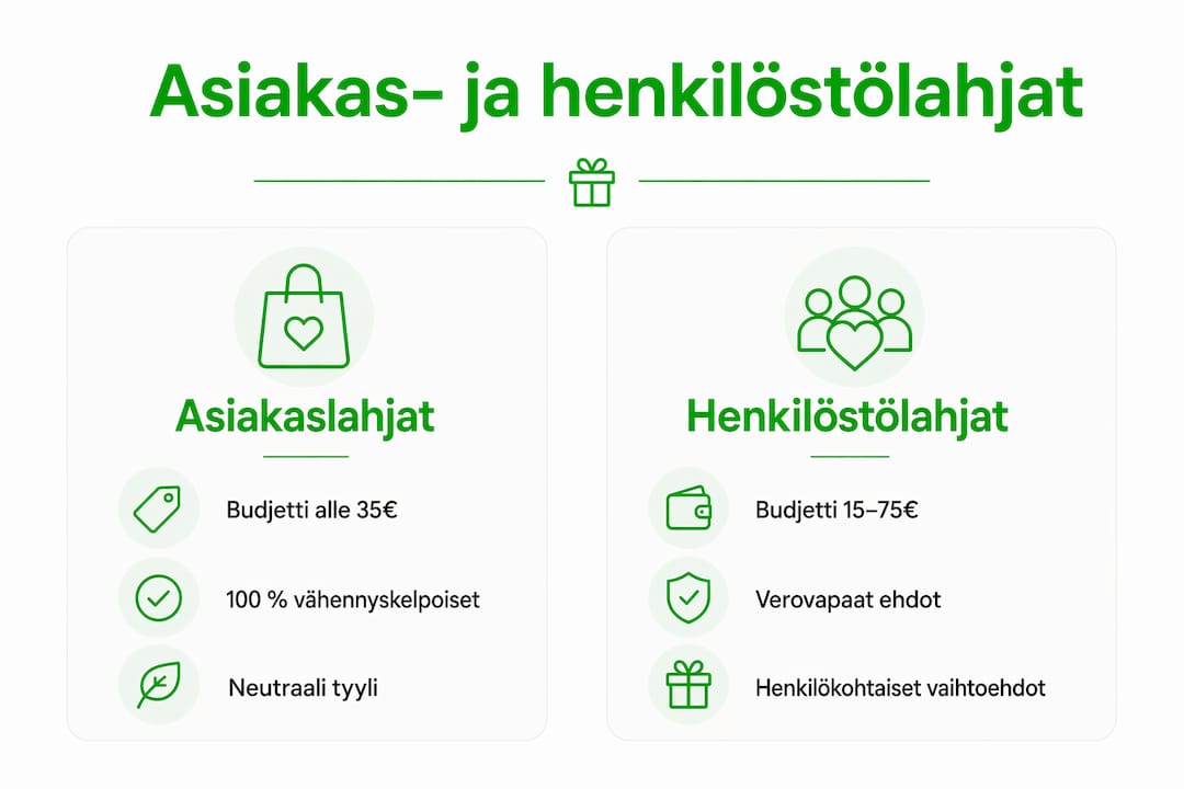 Tässä infografiikassa käydään läpi asiakas- ja henkilöstölahjojen erot ja yhtäläisyydet.