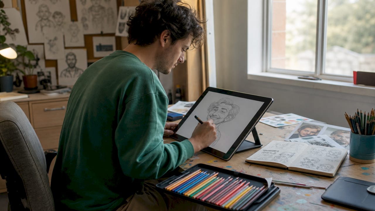 Kotistudion rauhassa graafisella piirtonäytöllä syntyy karikatyyri taitavissa käsissä.