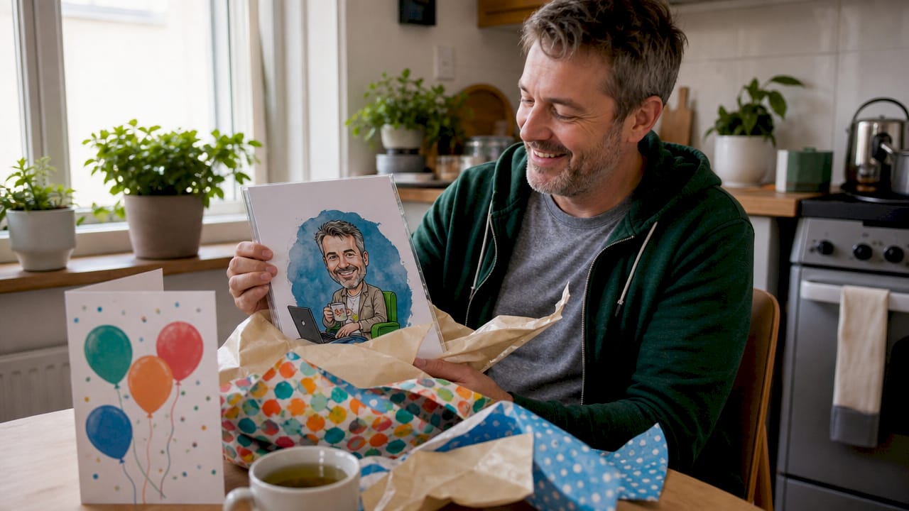 Työhuoneessa odotti iloinen yllätys, kun lahjapaketista paljastui juuri minulle tehty, persoonallinen karikatyyri.