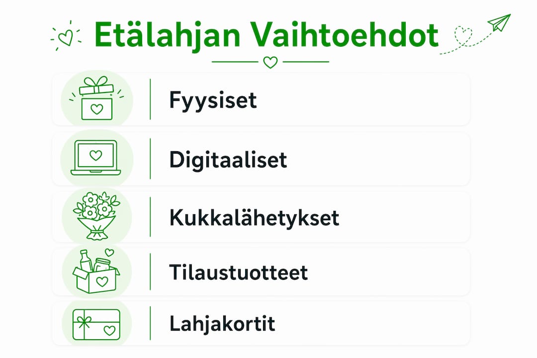 Infografiikka, jossa etälahjavinkit on esitelty selkeästi pystysuorassa listassa.