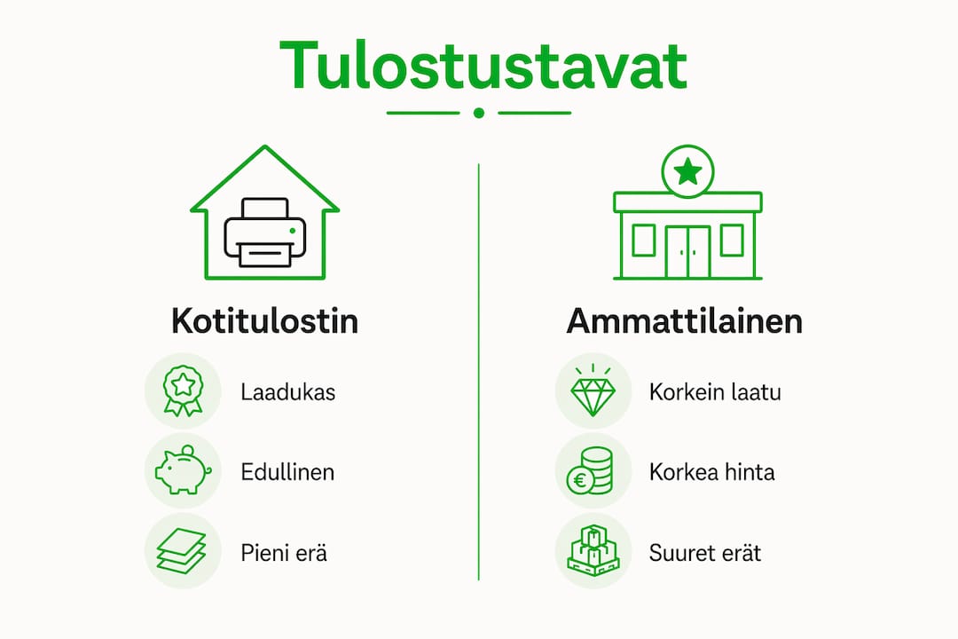 Kuvallinen katsaus eri tulostusmenetelmiin eläkelahjakortteja varten