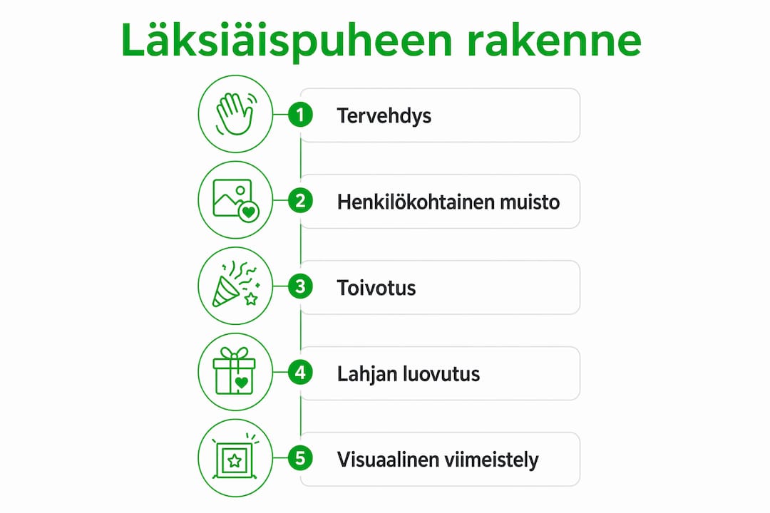 Kaavio onnistuneen läksiäispuheen kulusta ja lahjan antamisen sopivasta hetkestä