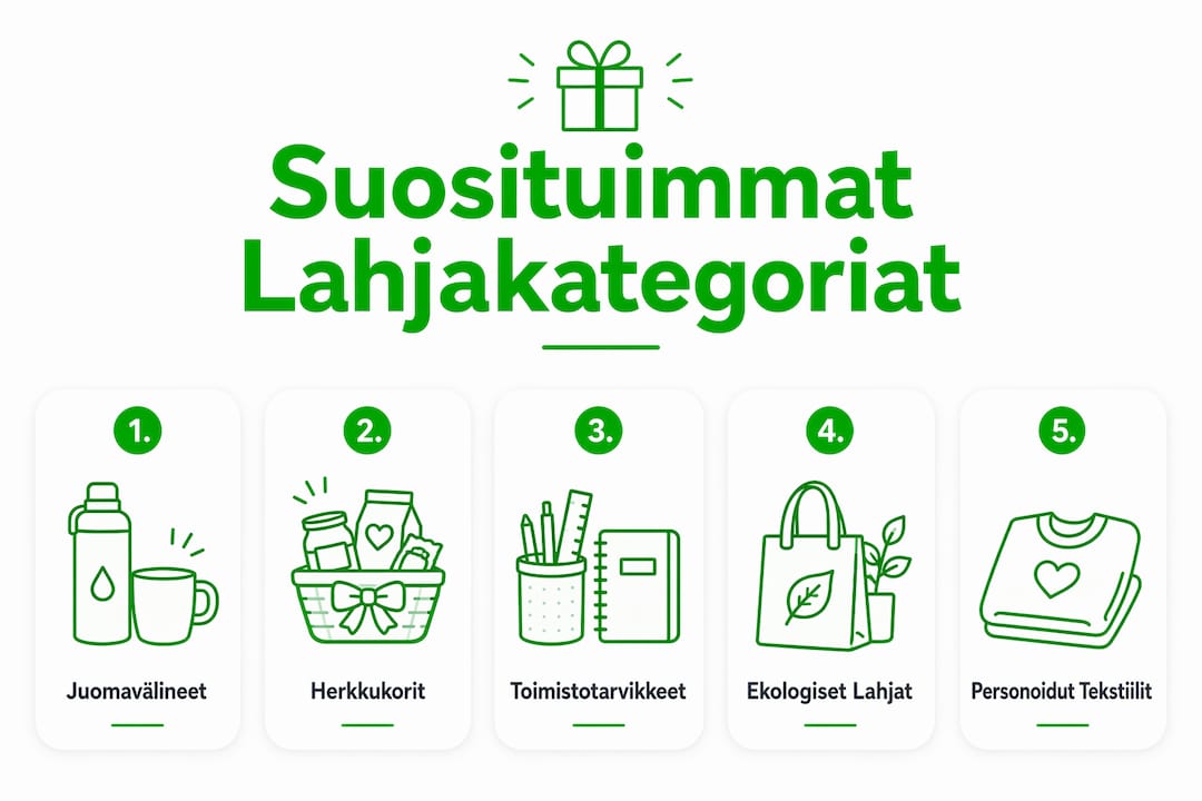 Infografiikka: suosituimmat yrityslahjat, jotka voi personoida omalla logolla tai viestillä