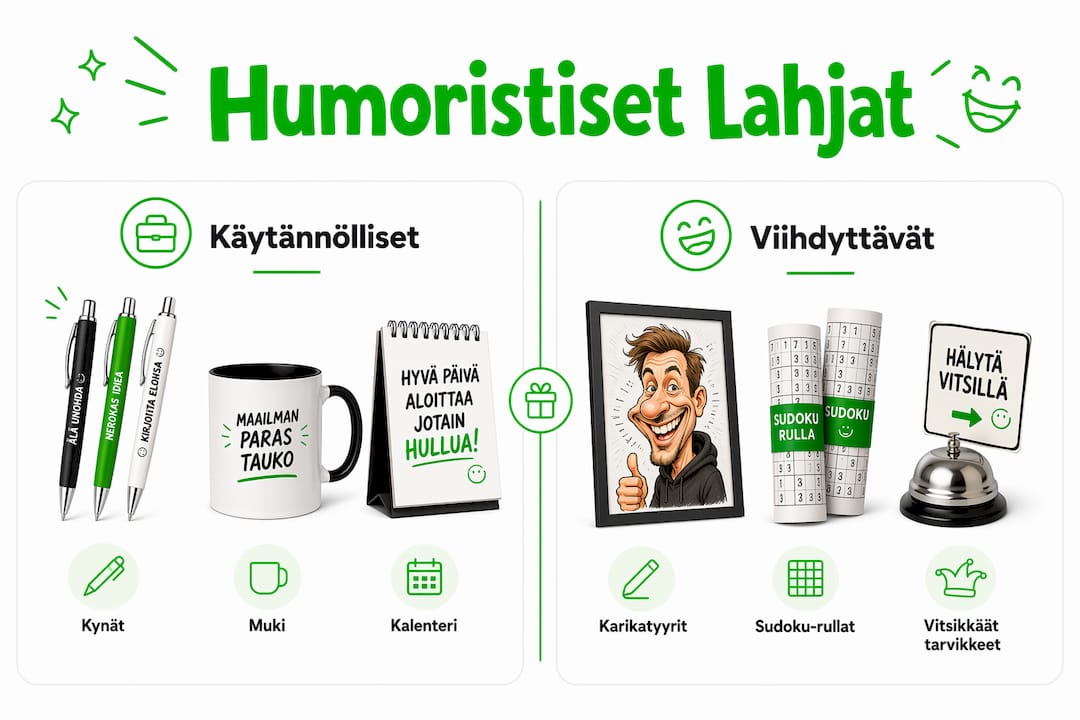 Hauskojen yrityslahjojen kategoriat infografiikkana