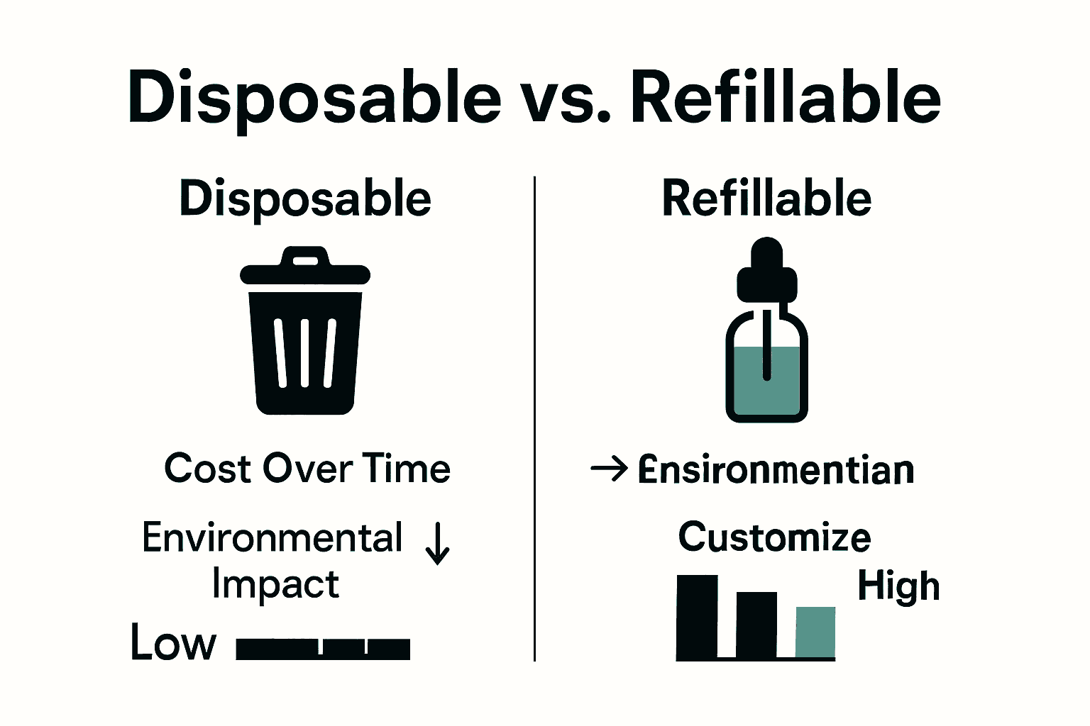 Infographic comparing disposable and refillable vapes by cost, customization, and waste.