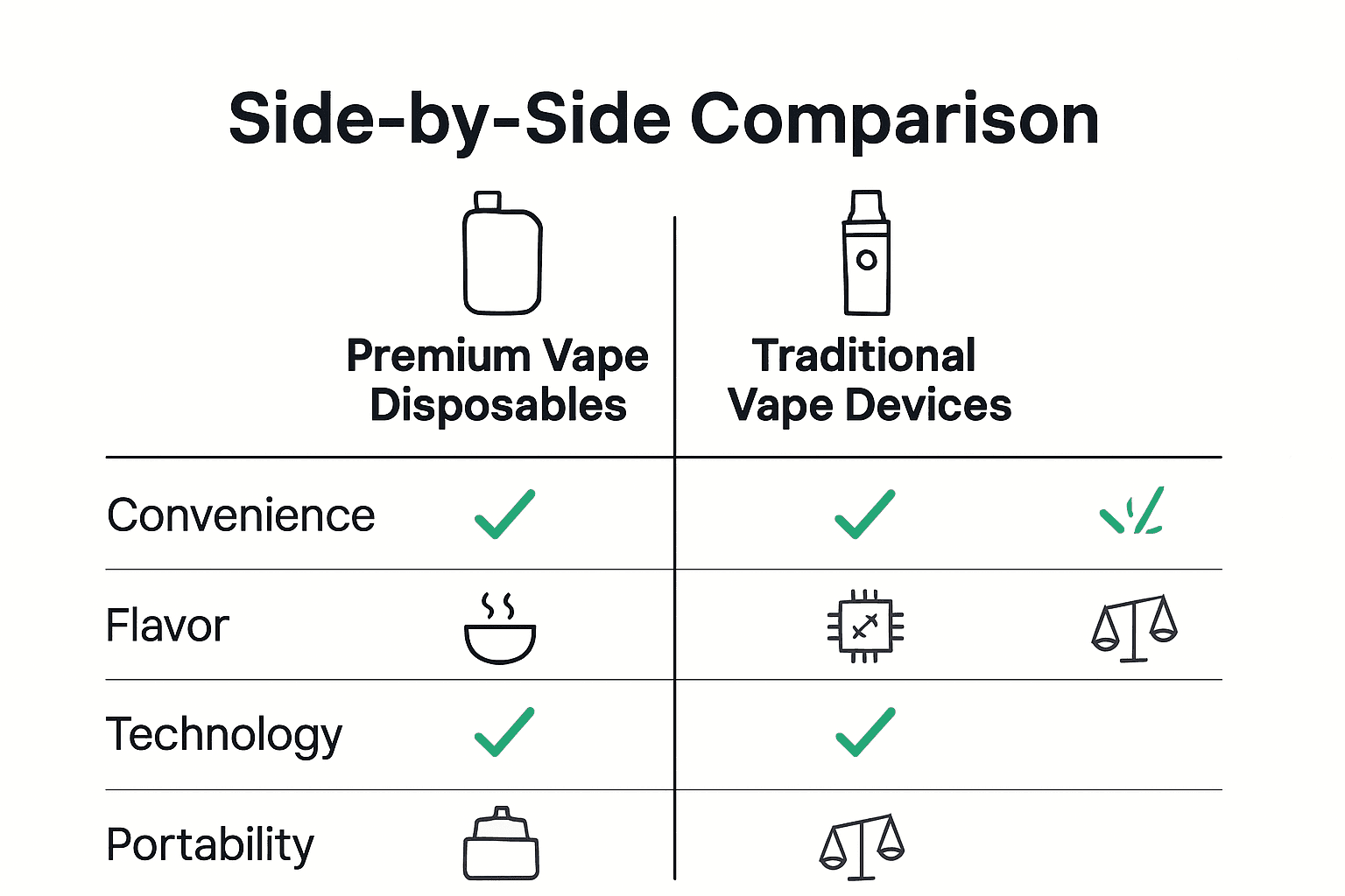 Infographic comparing premium and traditional vape disposables on convenience, technology, and flavor.