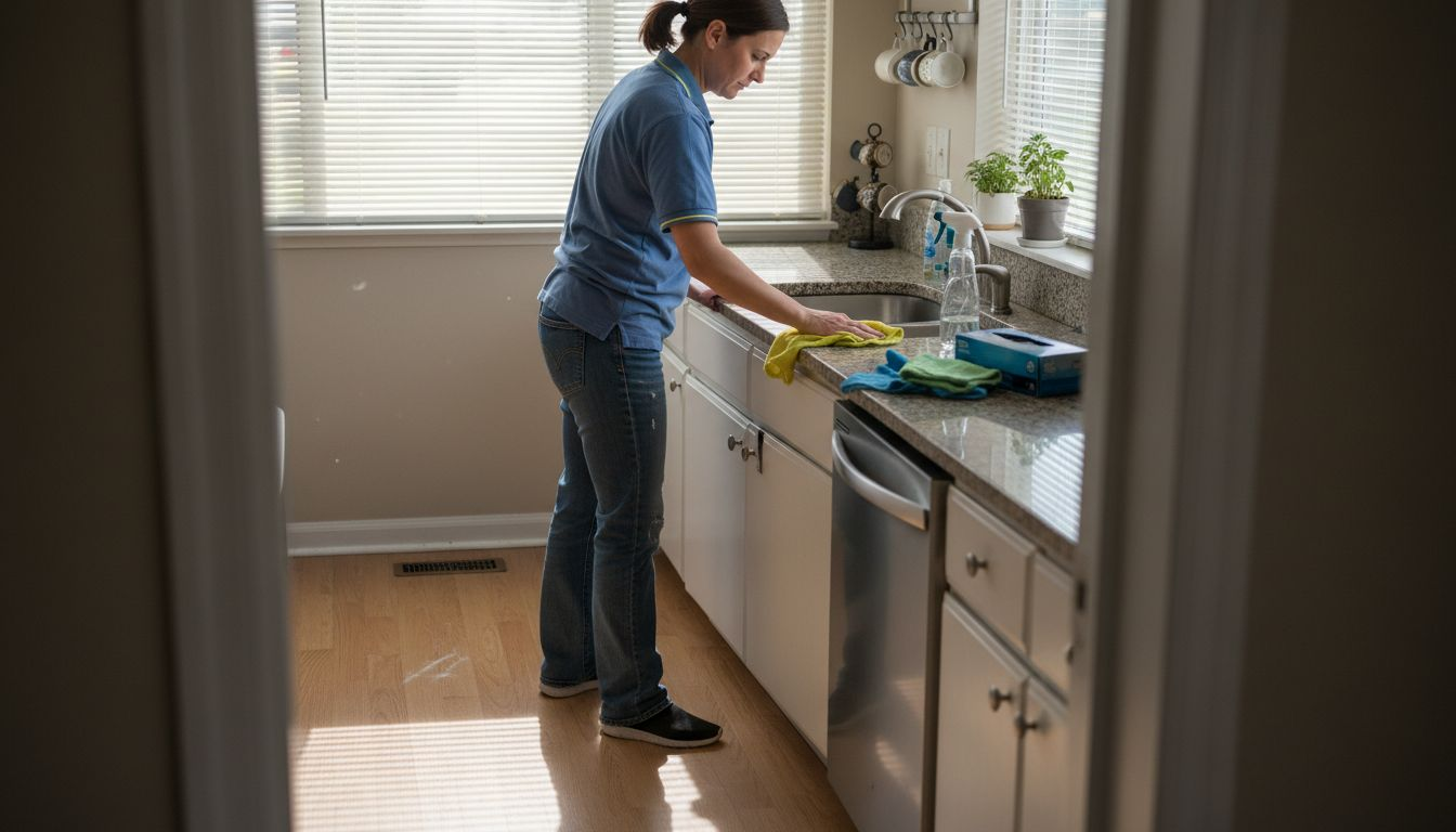 Cleaner wiping countertop in new home kitchen