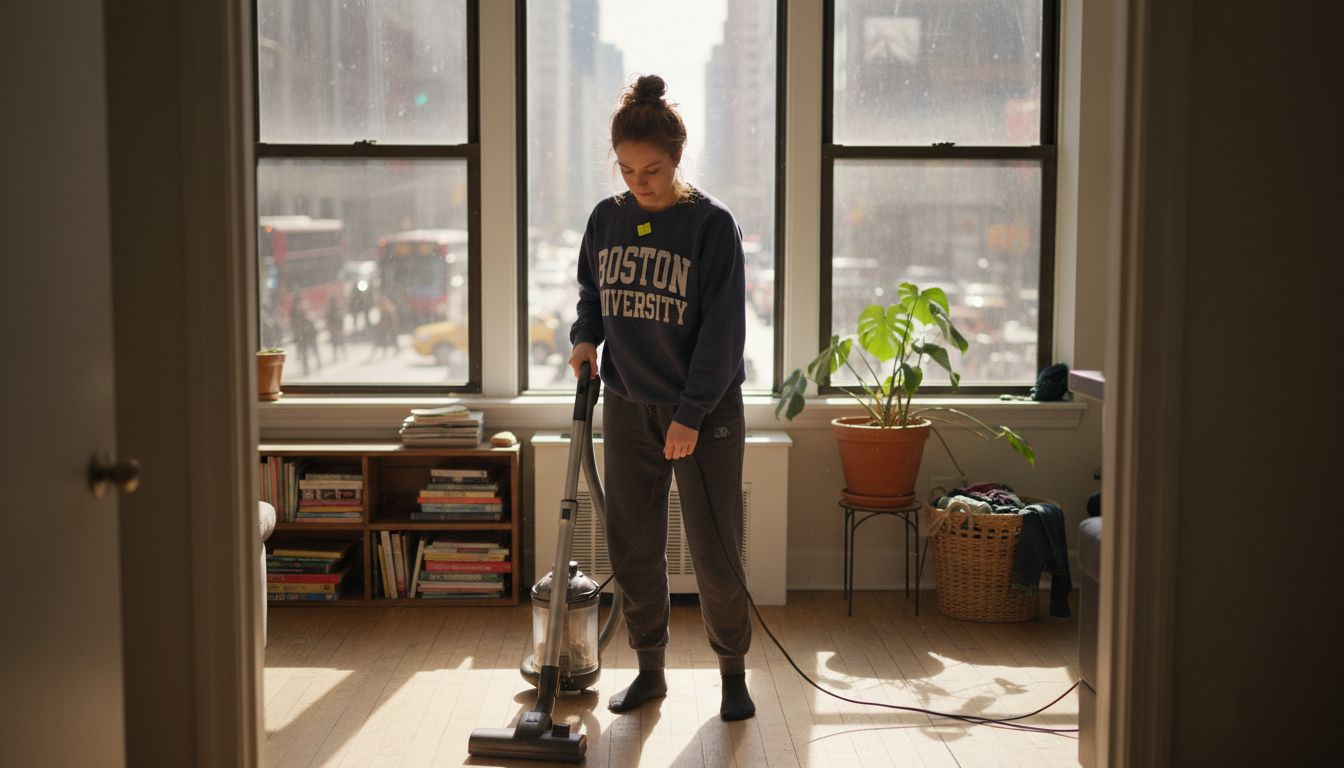 Woman vacuuming city apartment living room