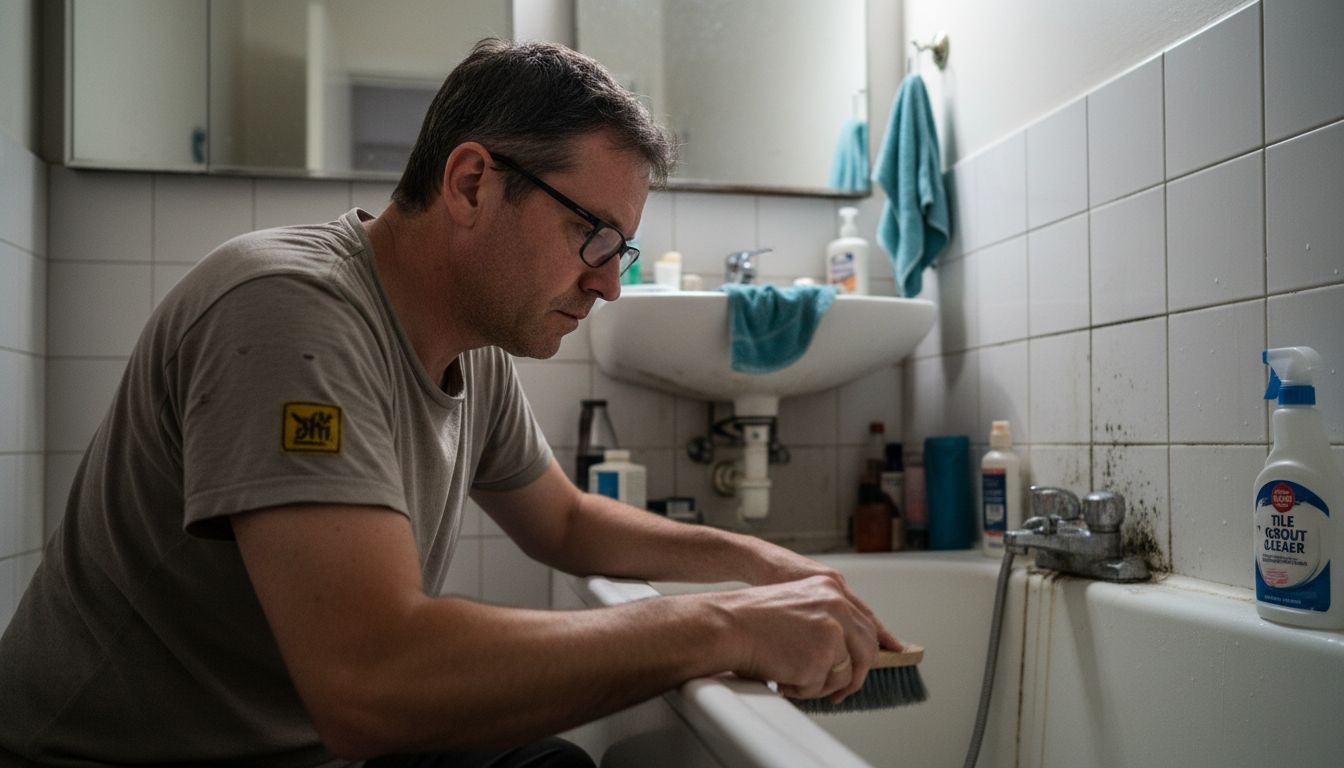 Man cleaning bathroom tile grout for mildew