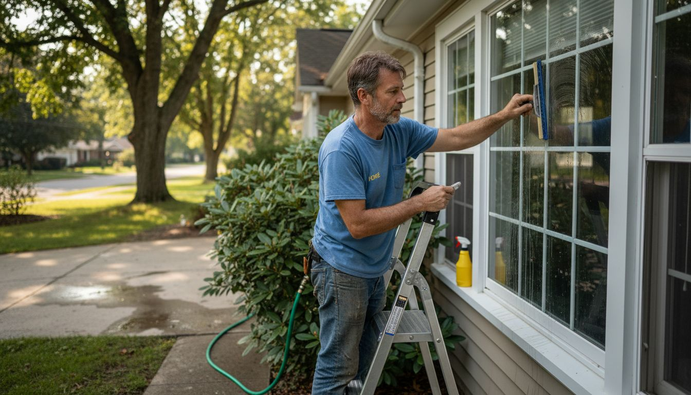 Homeowner cleaning exterior window with squeegee