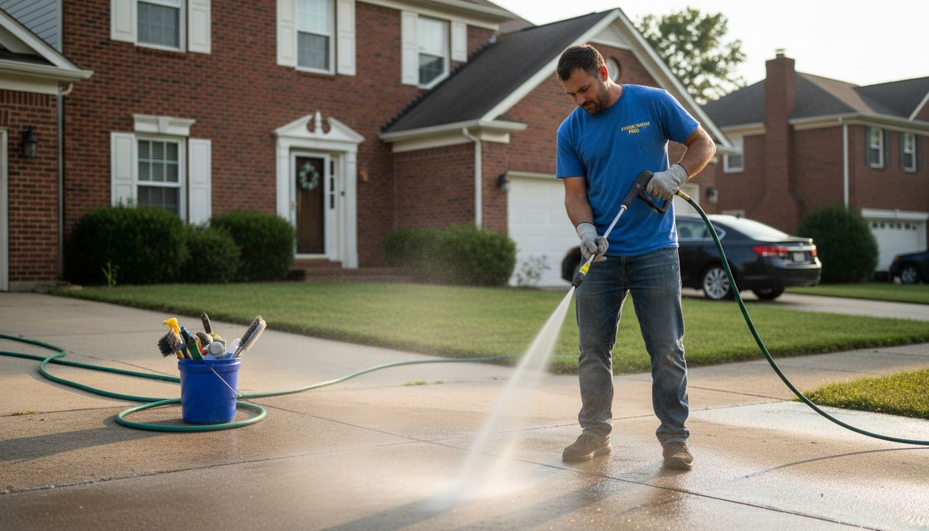 Technician pressure washing brick home driveway