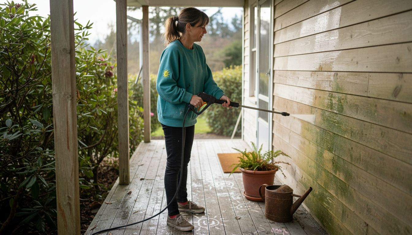Homeowner cleaning algae from wood porch siding