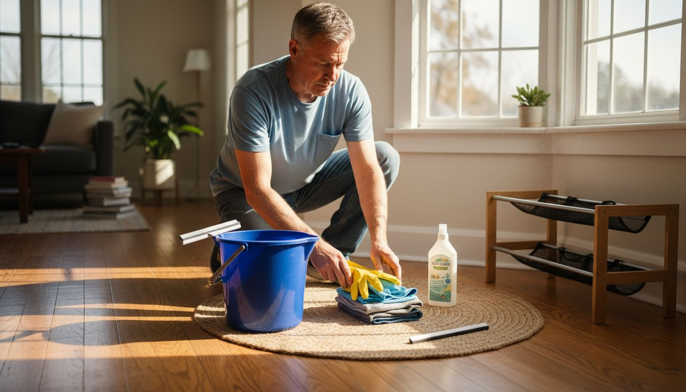 Man preparing window cleaning supplies indoors