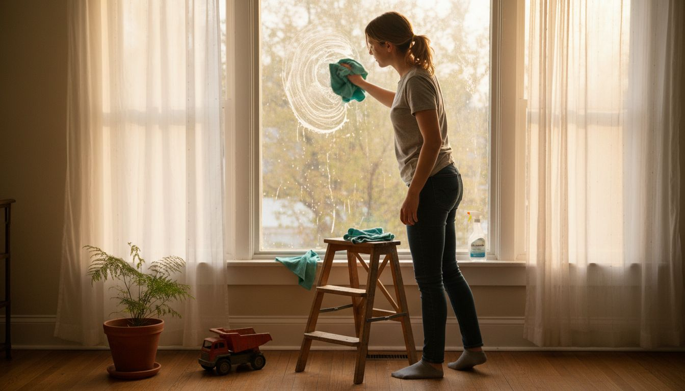 Woman scrubbing living room window