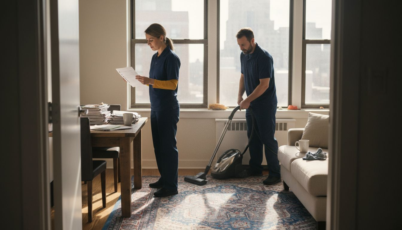 Cleaners working in city apartment morning