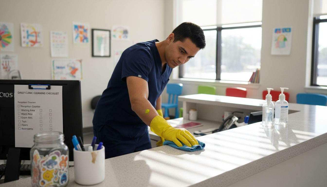 Cleaner disinfecting pediatric clinic reception counter