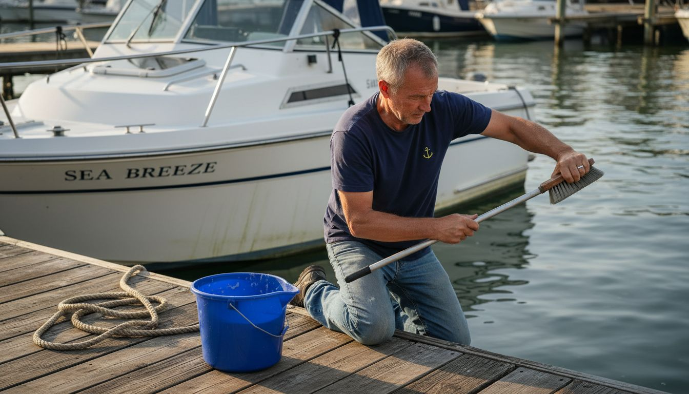 Boat owner cleaning hull at marina