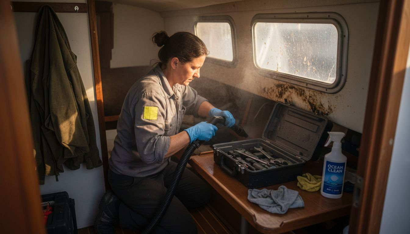 Technician deep cleaning stains in boat cabin