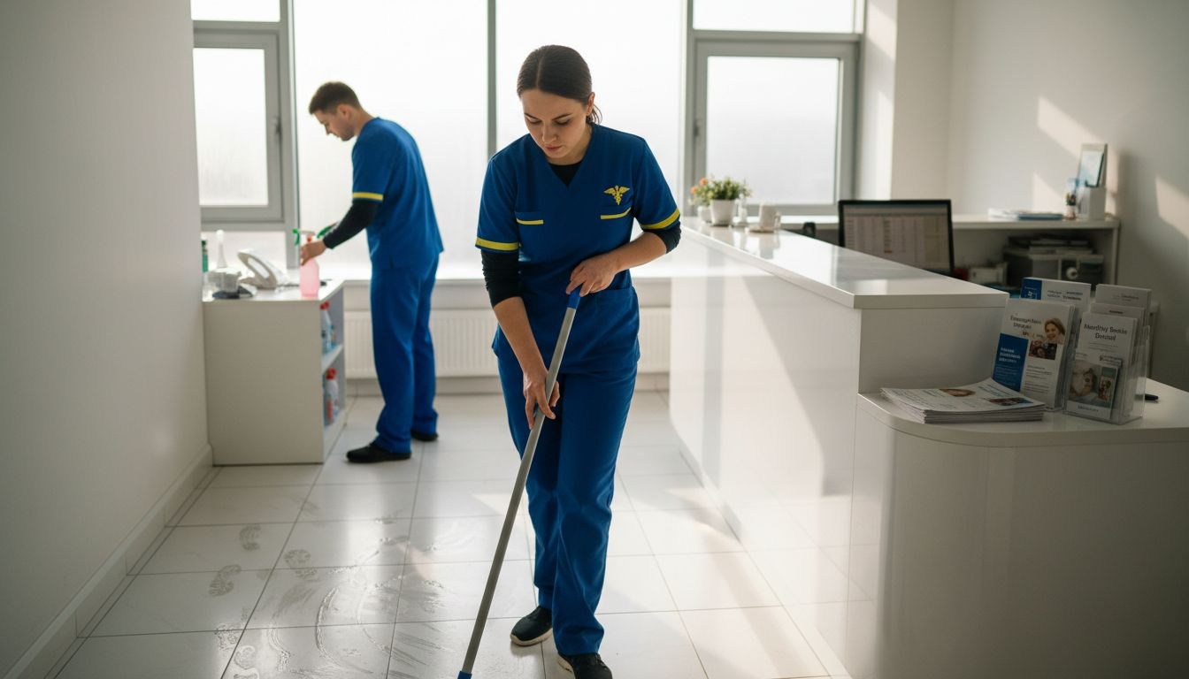 Cleaning staff working in dental waiting area