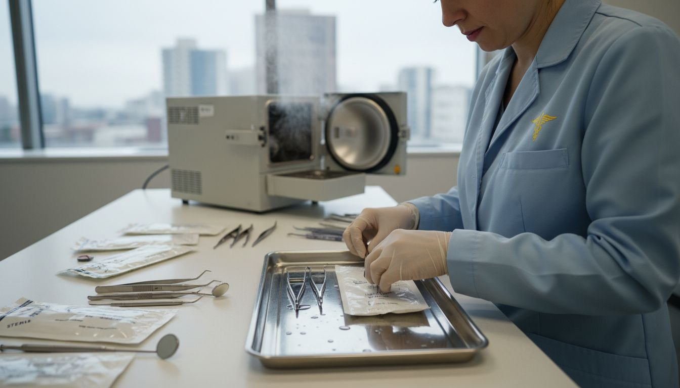 Dental assistant preparing sterilized equipment