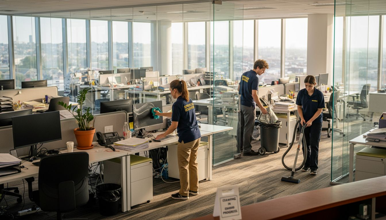 Cleaning team works in office corner workspace