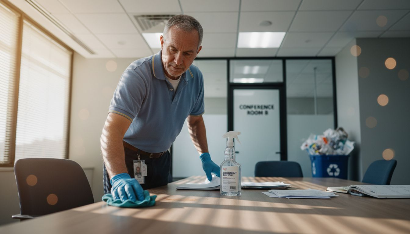 Janitor disinfecting conference room surfaces