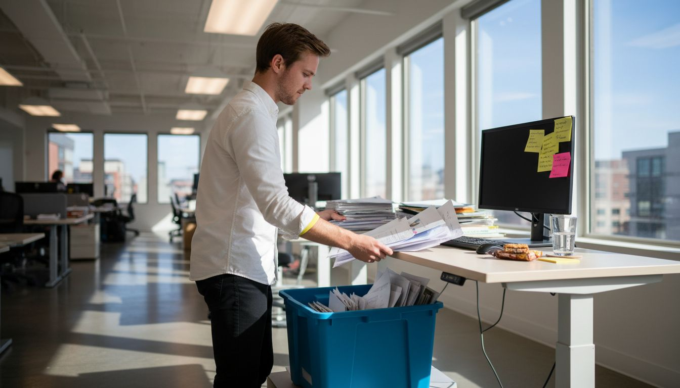 Employee decluttering and organizing messy office desk