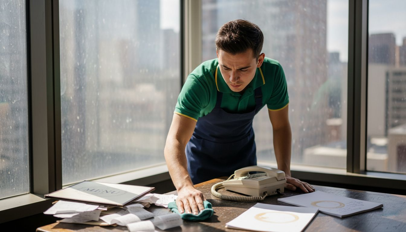 Staff cleaning restaurant office conference table