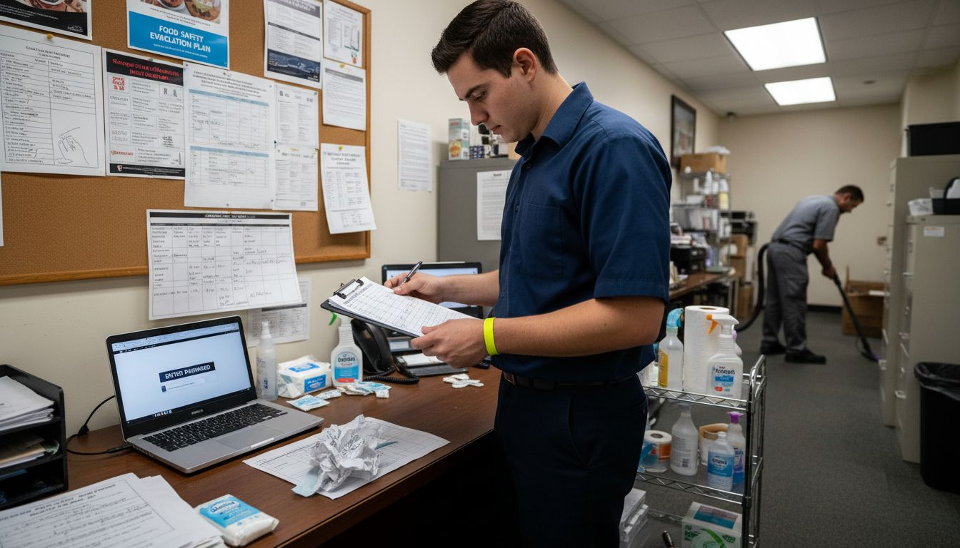 Supervisor checks office cleaning procedure checklist
