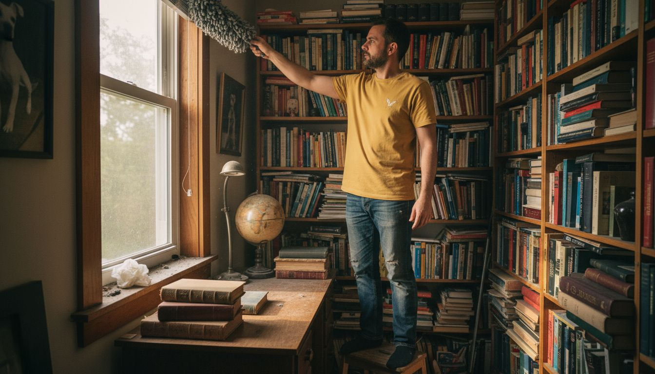 Dusting bookshelves in a lived-in home study