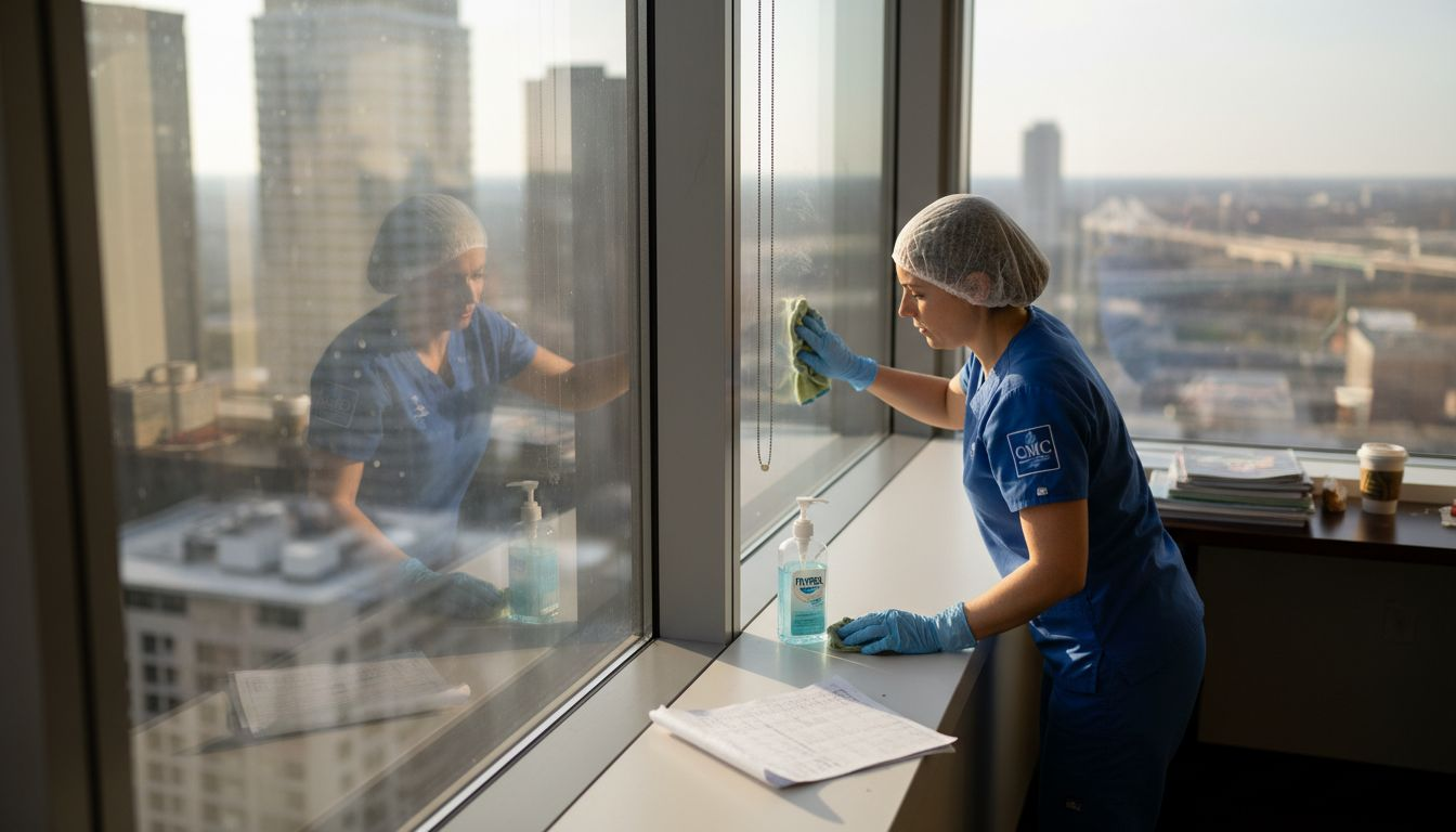 Medical window cleaner sanitizing corner office glass