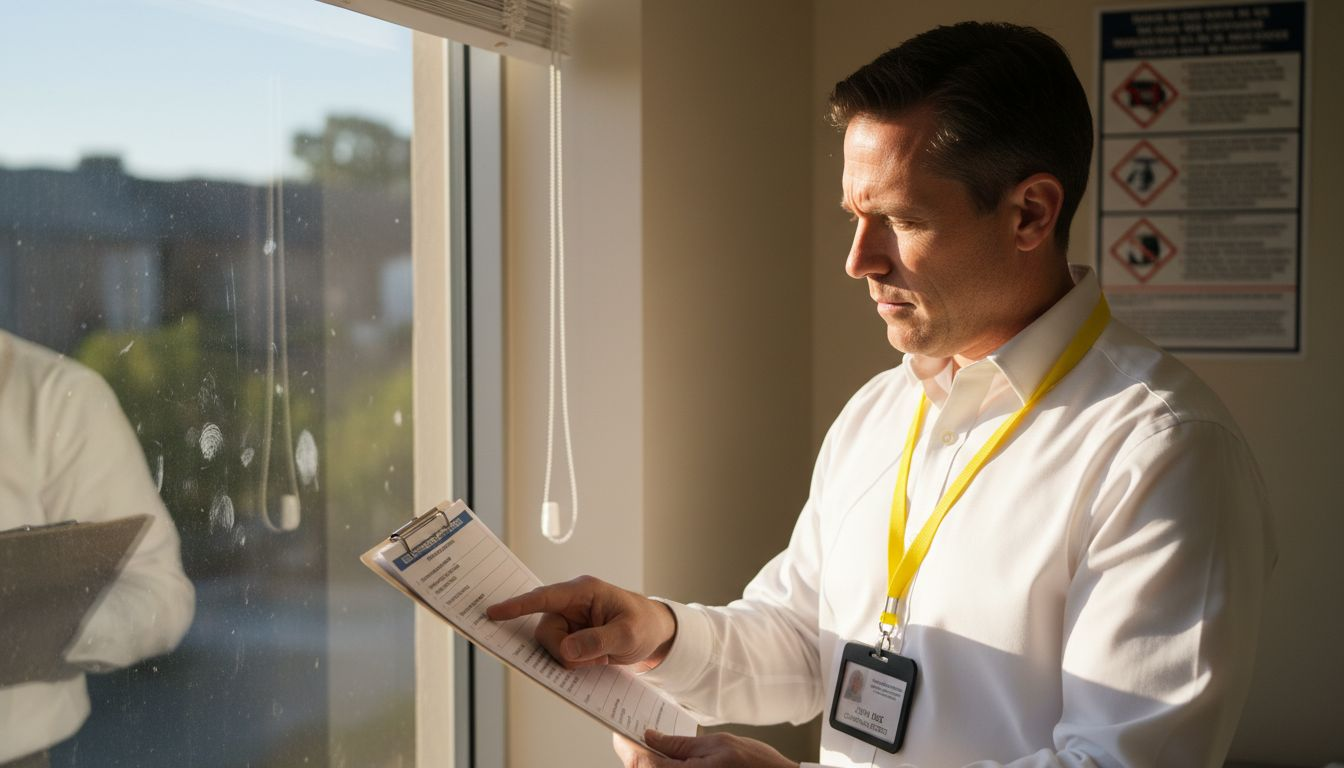 Healthcare inspector reviewing cleaning compliance checklist