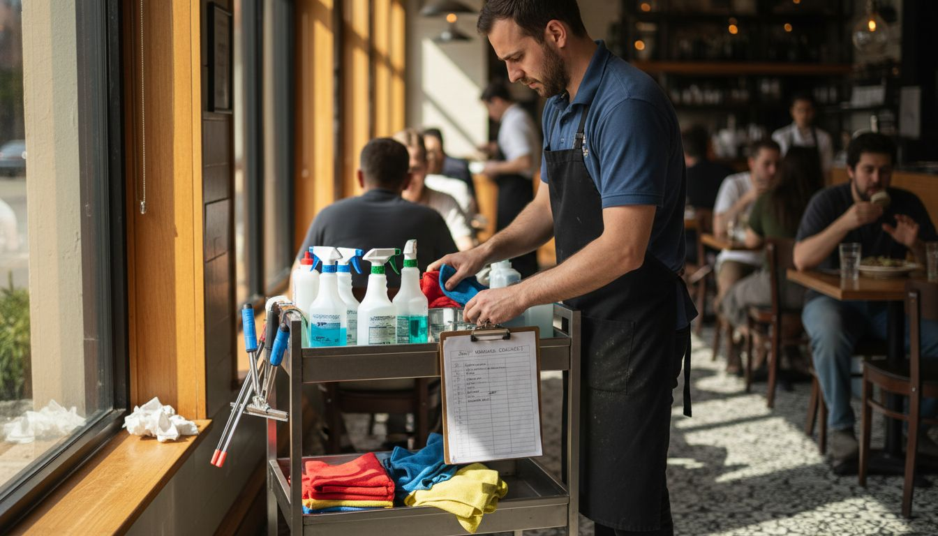 Staff organizing restaurant window cleaning supplies