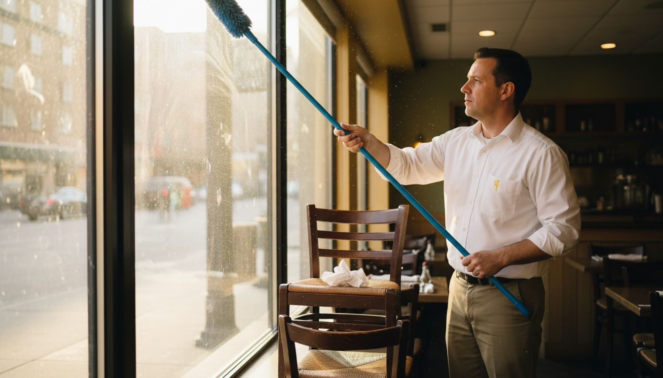 Worker dusting restaurant window before cleaning