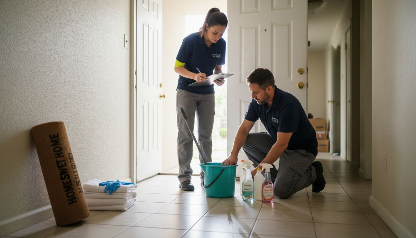 Cleaners organizing supplies in apartment entrance