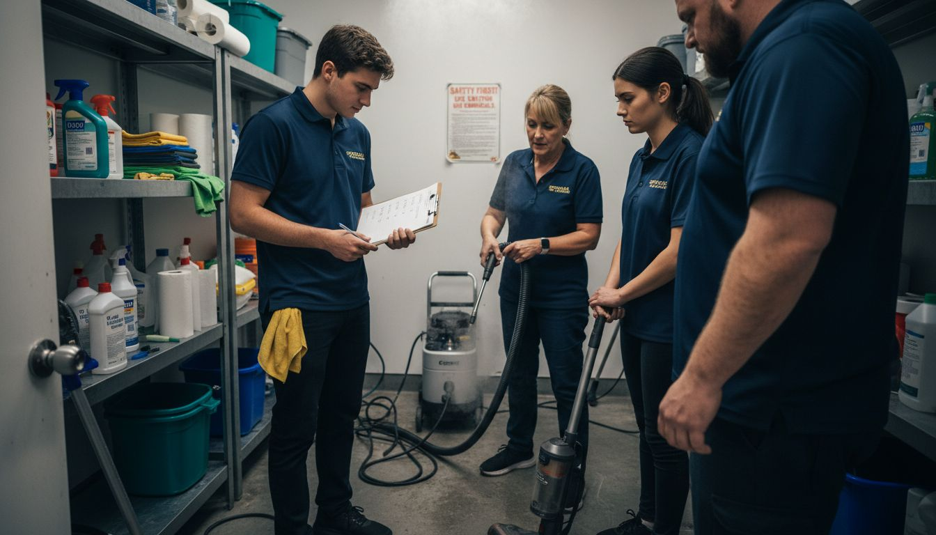 Cleaning team learning equipment use together