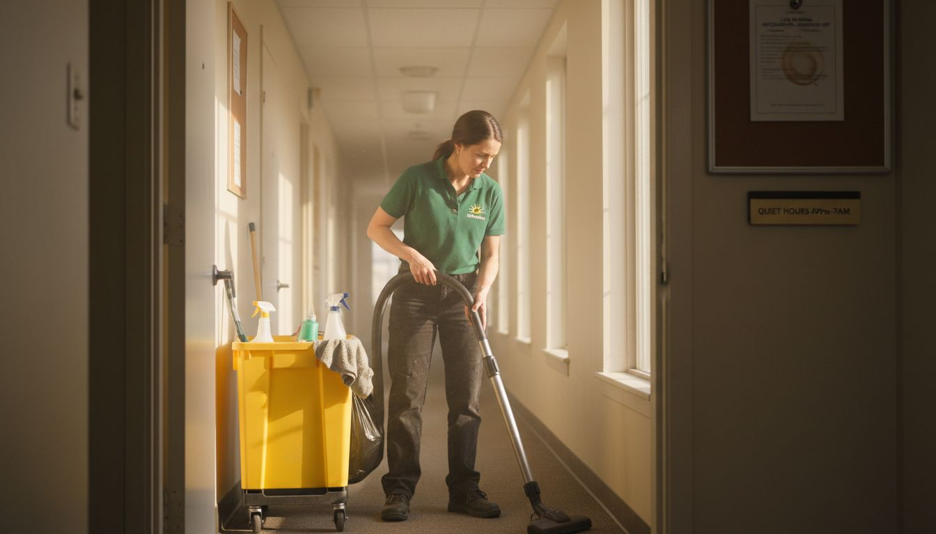 Cleaner vacuuming apartment hallway for rentals