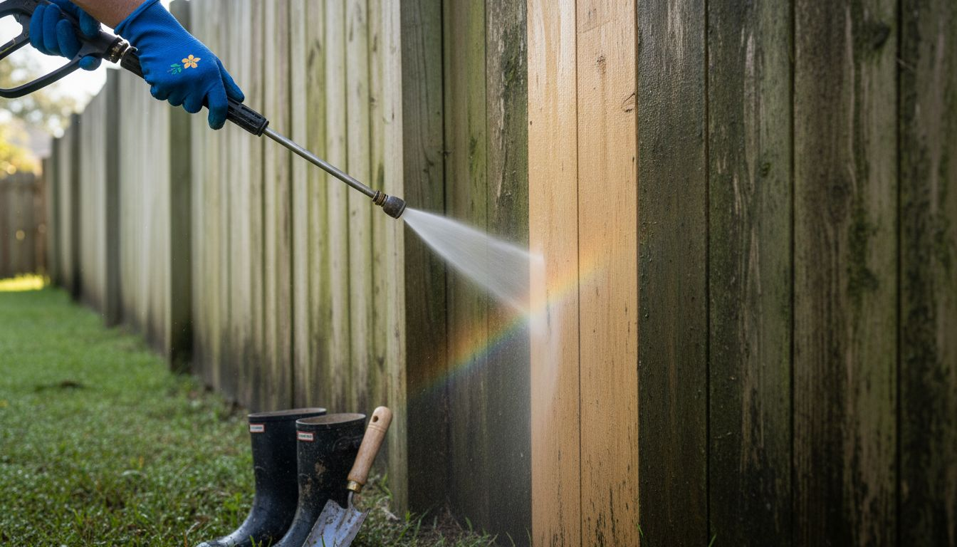 Close-up cleaning mildew from wooden fence