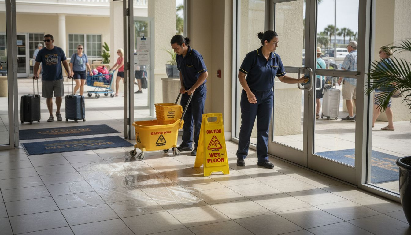 Cleaners sanitize lobby of busy rental building