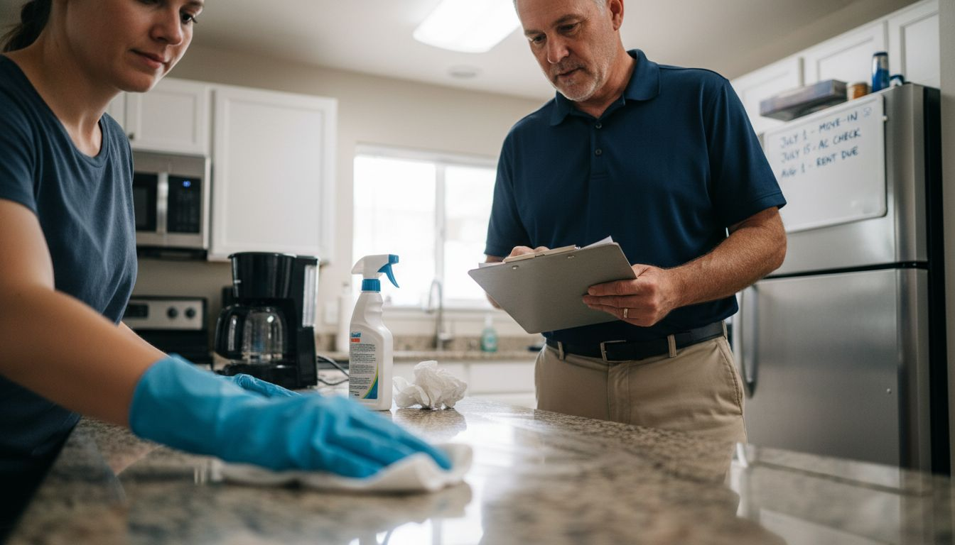 Manager checks cleaning checklist in rental kitchen