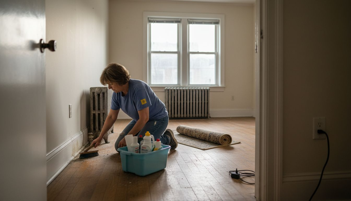 Tenant cleaning empty apartment floor and baseboards