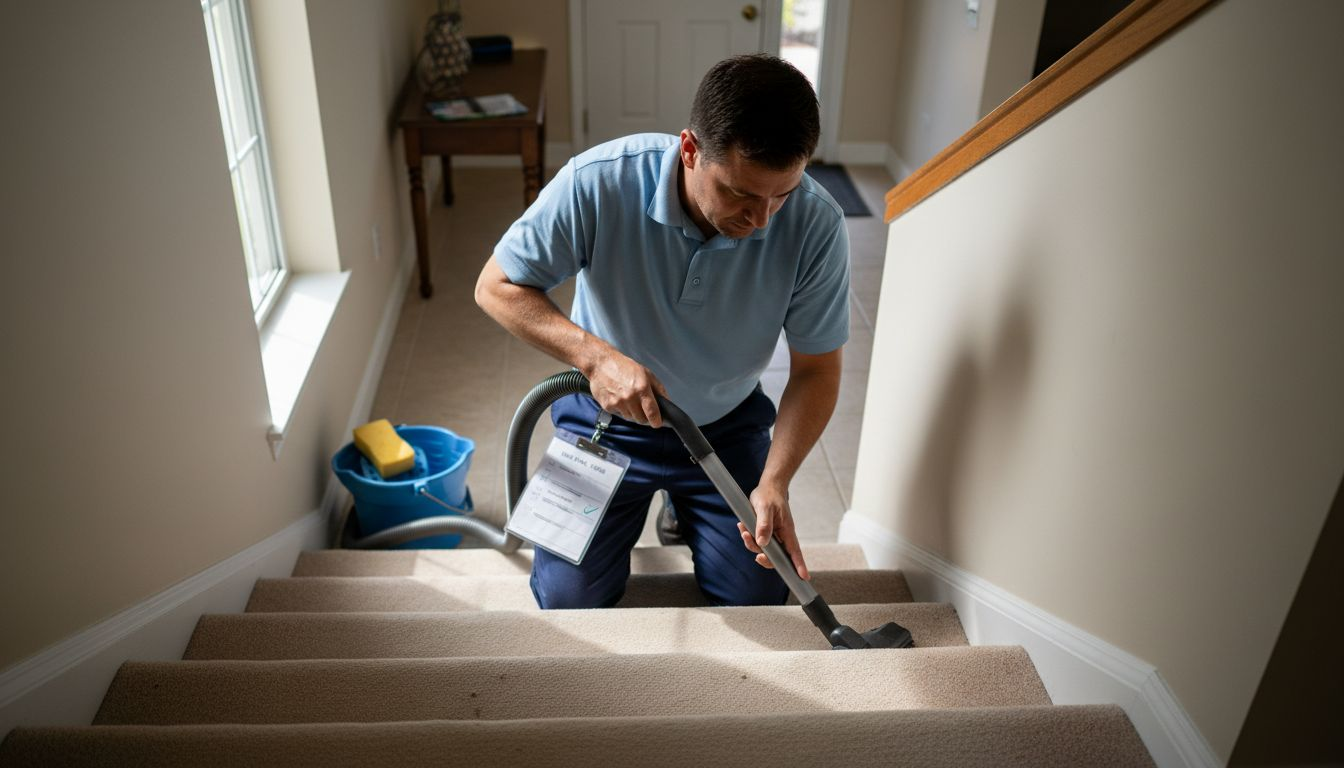 Cleaner vacuuming stairs with checklist and cleaning gear
