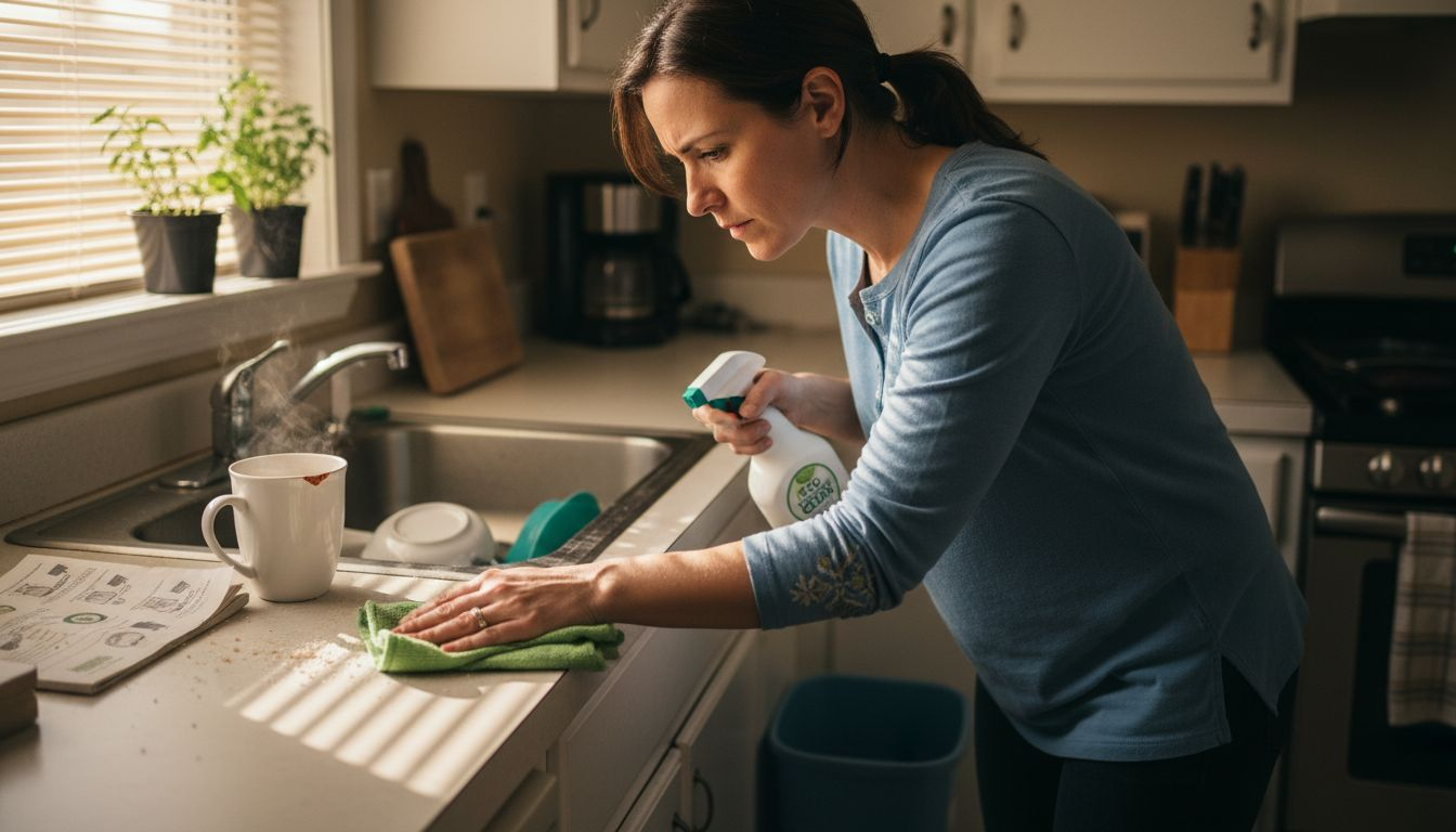 Woman cleaning kitchen with eco spray