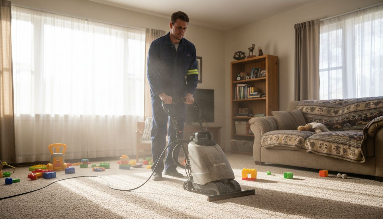 Technician cleaning carpet in sunlit living room