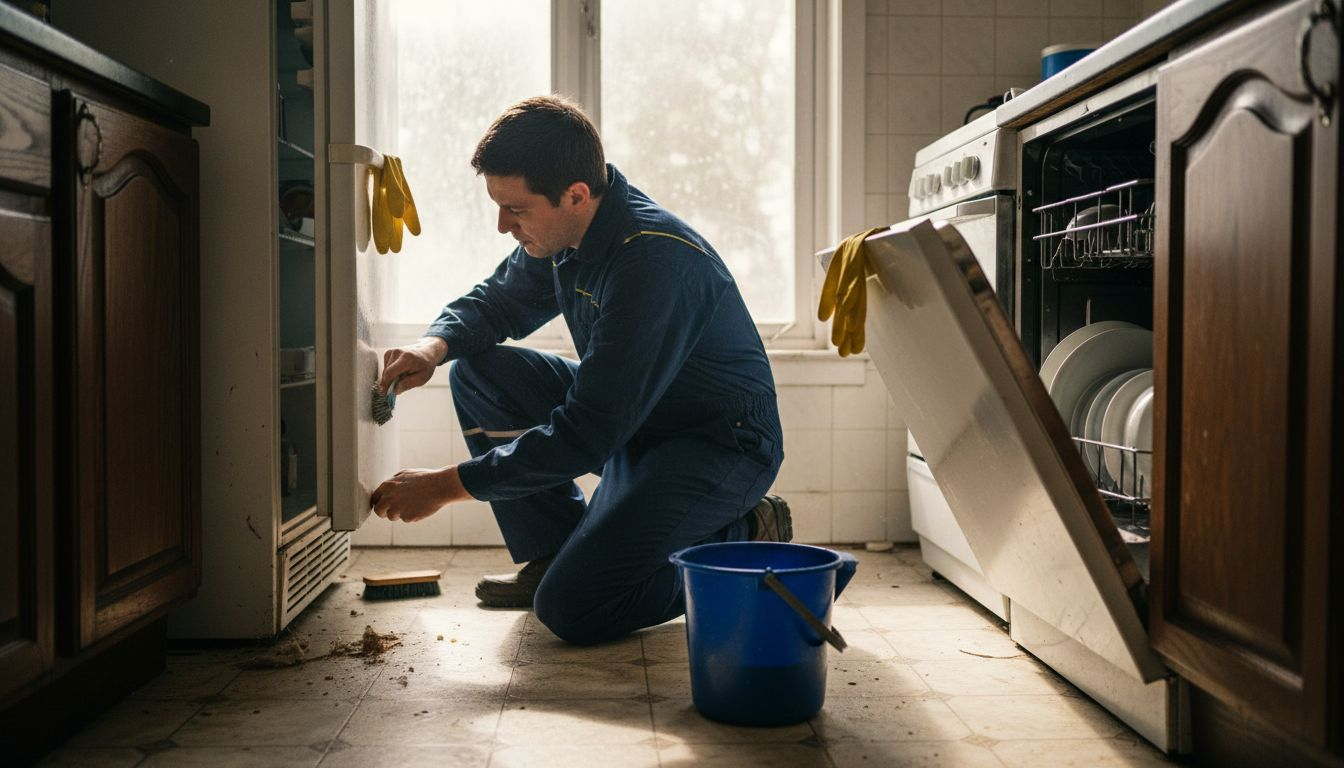 Cleaner scrubbing behind kitchen appliances