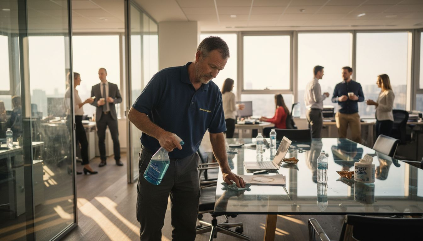Office janitor cleaning meeting table in sunlight