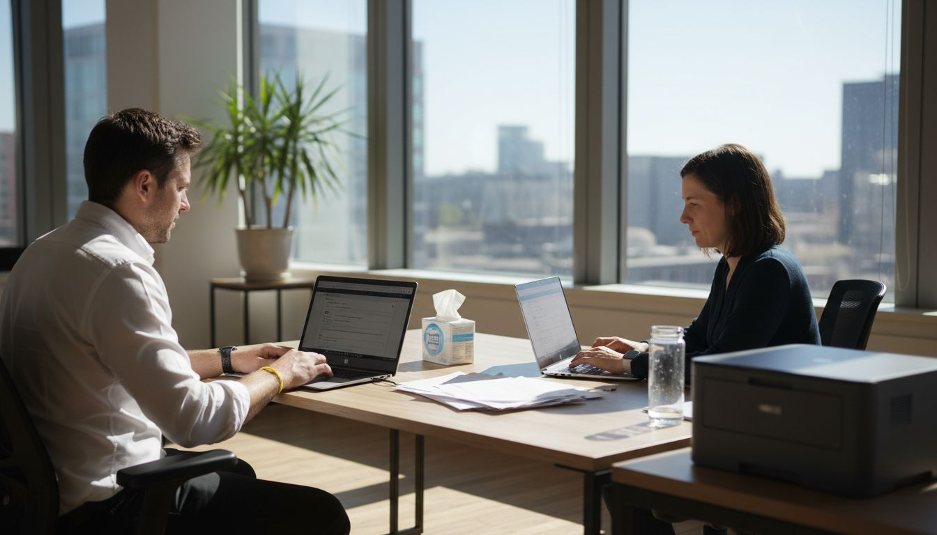 Clean workspace with busy employees